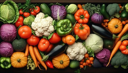 Colorful assortment of fresh vegetables including tomatoes, carrots, bell peppers, cauliflower, pumpkins, cabbage, eggplants, zucchini, and leafy greens
