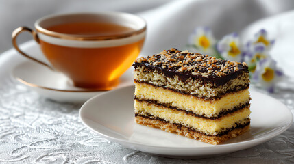 Sweet Indulgence: A tempting slice of layered cake rests invitingly on a pristine white plate, accompanied by a steaming cup of tea in a delicate china cup.