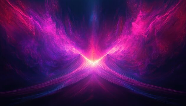 Abstract symmetrical digital artwork featuring vivid pink and purple light waves converging at a bright center, creating a dynamic and energetic visual effect