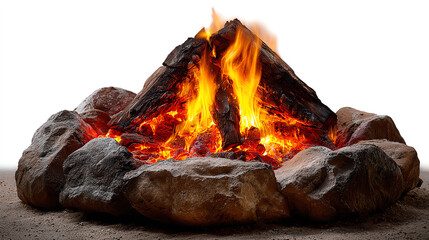 Embers' Embrace: A captivating scene of a campfire, the flames dance and weave between carefully placed rocks, radiating warmth and creating a sense of coziness.