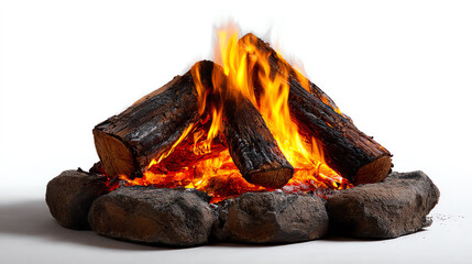 Burning Embers: A mesmerizing close-up of a roaring bonfire, the flames dancing and illuminating the logs within, representing warmth, comfort, and the raw power of nature.