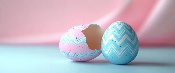 Two pastel decorated eggs with zigzag patterns on a smooth surface, one pink with a large broken shell piece and one intact blue, set against a soft pink and blue background