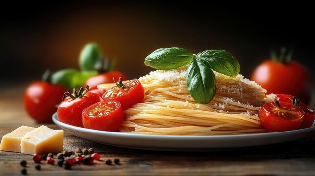 Delicious plate of spaghetti garnished with fresh basil leaves, cherry tomatoes, and grated cheese with seasoning and cheese cubes on wooden surface