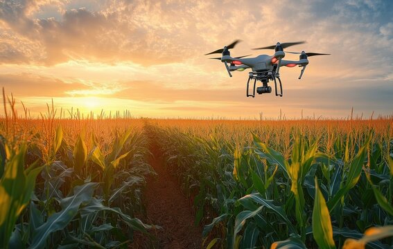 Drone flying over a lush green cornfield at sunset with a vivid sky filled with scattered clouds and warm sunlight illuminating the crops