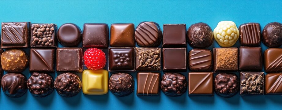 Rows of assorted gourmet chocolates and pralines arranged on a bright blue background, including one topped with a red raspberry, evoking indulgence and sweetness