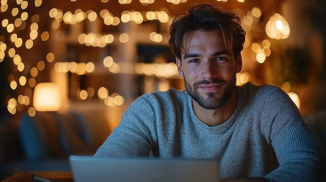 young man with stubble and wavy hair smiling warmly while sitting indoors with cozy warm lighting and decorative string lights in the background