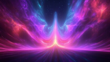 Vibrant cosmic light burst in purple, pink, and blue hues spreading outward with glowing energy and a starry night sky in the background, evoking awe and wonder
