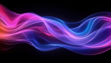 Colorful flowing translucent waves in pink, purple, and blue hues on a black background creating a smooth, vibrant, and dynamic abstract design