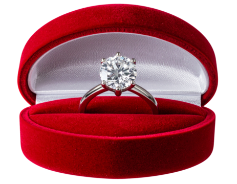 Elegant Solitaire Ring Displayed in Open Red Velvet Jewelry Box isolated on transparent background - Powered by Adobe
