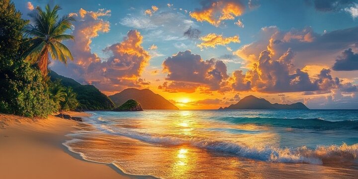 Sunset over a tropical beach with palm trees, golden sand, gentle waves, and distant islands under a vibrant sky with colorful clouds - Powered by Adobe