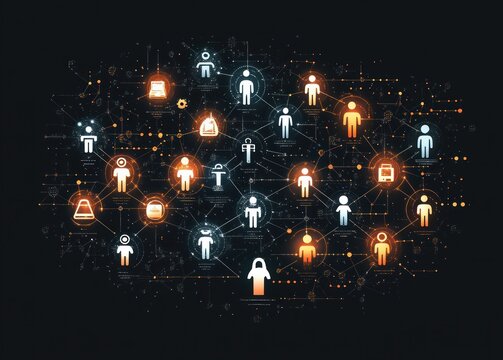 Digital network of interconnected human icons and various technology symbols glowing in blue and orange on dark background representing data connections and communication - Powered by Adobe