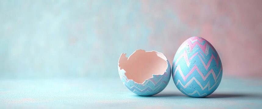 A whole decorated egg and a cracked half egg shell with pastel blue and pink zigzag patterns against a soft pastel blue and pink background, evoking calmness and delicacy