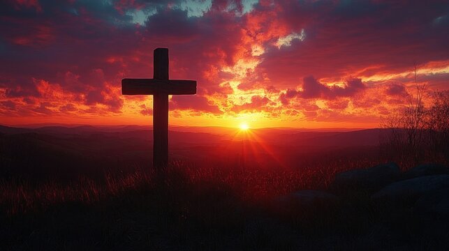 Wooden cross silhouette on a grassy hill during a vibrant orange and purple sunset with dramatic clouds and distant mountains - Powered by Adobe