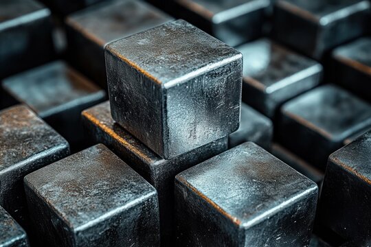 Close-up of textured metallic cubes stacked in a geometric arrangement with one cube elevated above others, showcasing industrial strength and precision