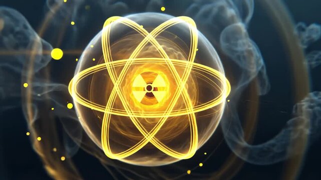 Atomic Structure in Focus: A stunning, vibrant illustration of an atom's core, with its nucleus radiating energy. Perfect for scientific, educational, and technological projects.