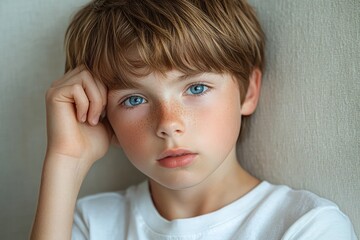 Close-up of a thoughtful young boy with blue eyes, freckles, and light brown hair resting his head on his hand against a neutral background