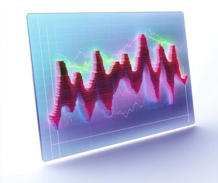 3D digital financial graph with red jagged peaks and multicolor line charts displayed on a transparent futuristic screen - Powered by Adobe