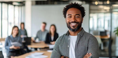 Confident smiling man standing with arms crossed in a modern office with colleagues sitting at a table behind him
