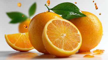 Vibrant Orange Delight: An inviting arrangement of fresh oranges, showcasing their juicy interiors and vibrant exteriors. Drops of juice and a fresh green leaf add a sensory element.