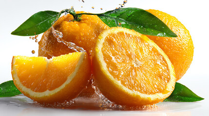 Citrus Burst: A vibrant composition of fresh oranges, showcasing juicy slices with water splash, embodying vitality and freshness.