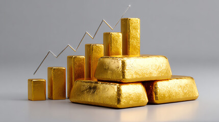 Golden Bars and Growth: A visualization of financial prosperity, golden bars are stacked, accompanied by an ascending chart, symbolizing financial growth and value.