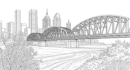 Fototapeta premium Detailed Black and White Sketch Cityscape with Steel Arch Bridge Over River for Urban Development Projects