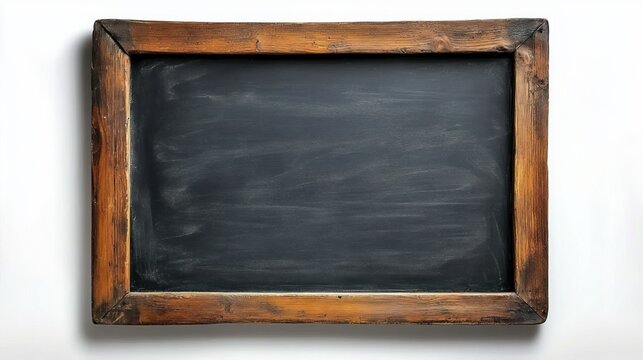 Empty vintage rectangular black chalkboard with wooden frame on white background - Powered by Adobe