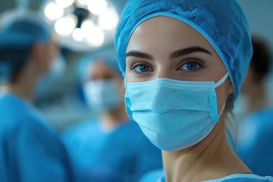 Close-up of a female medical professional wearing surgical mask, cap, and scrubs with focused eyes in a brightly lit operating room filled with colleagues - Powered by Adobe