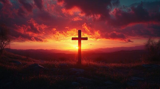 Silhouetted wooden cross on a rocky hill during a vibrant fiery sunset with dramatic clouds and distant mountain ranges