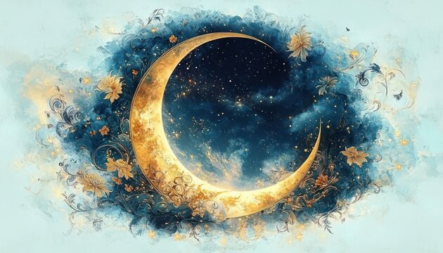 golden crescent moon surrounded by swirling floral patterns and stars against a deep blue and light sky background, evoking a magical and serene atmosphere