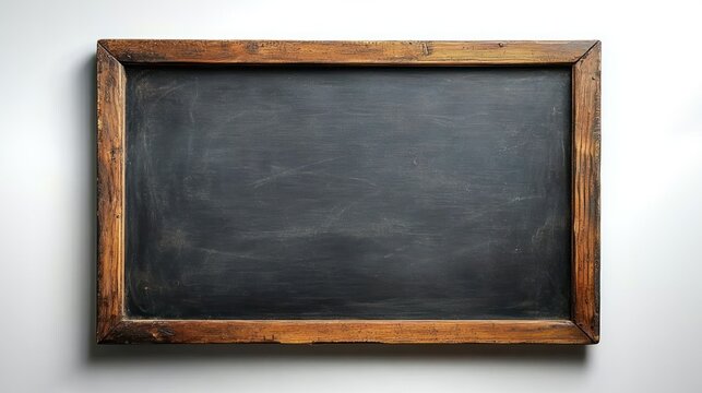 Empty rectangular black chalkboard with a rustic wooden frame placed against a white background