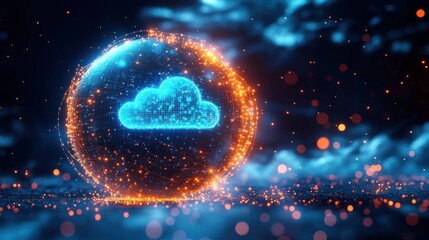 Glowing blue cloud icon surrounded by dynamic orange digital particles inside a luminous spherical network in a futuristic dark environment