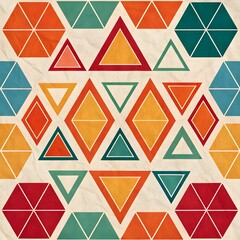 Fototapeta premium Bold Geometry: Triangles & Hexagons on Wrap Texture. Overlapping triangles and hexagons in bold colors on textured wrap-paper—wild and modern seamless design.