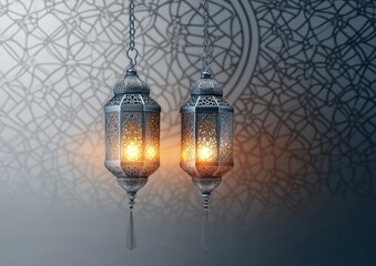 Two intricately designed silver hanging lanterns casting warm glowing light and ornate patterned shadows on a soft gradient background creating a calm, elegant atmosphere