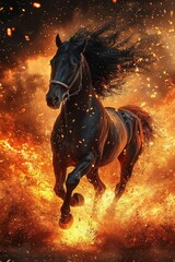 powerful black horse galloping through fiery sparks and flames with flowing mane and intense dynamic motion