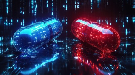Two glowing digital capsules, one blue and one red, reflecting on a futuristic grid surface with illuminated numeric code in the background, evoking a tech and sci-fi mood