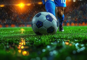 Close-up of a soccer ball covered in water droplets on wet grass with a player's leg in blue sportswear and stadium lights in the background during a rainy evening