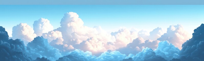 Bright sky filled with fluffy, billowing white and blue clouds under a clear, soft-blue atmosphere conveying peace and serenity