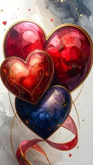 Gilded jewel-toned hearts with red ribbons