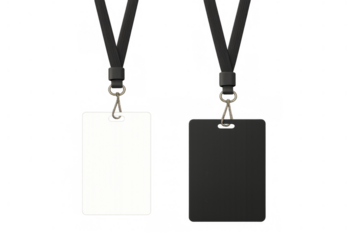 Blank white and black id card badges with lanyards on transparent background for identification and access control