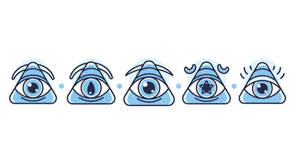 Stylized all-seeing eye emblems in a row conveying themes of perception and oversight in varied