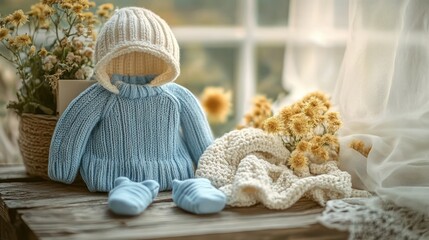 Cozy knitted baby outfit including a blue sweater, white hat, and booties displayed on a rustic wooden surface with dried flowers and soft natural light