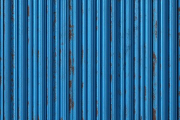 Fototapeta premium Close-up of weathered blue corrugated metal sheet with rust spots and peeling paint texture