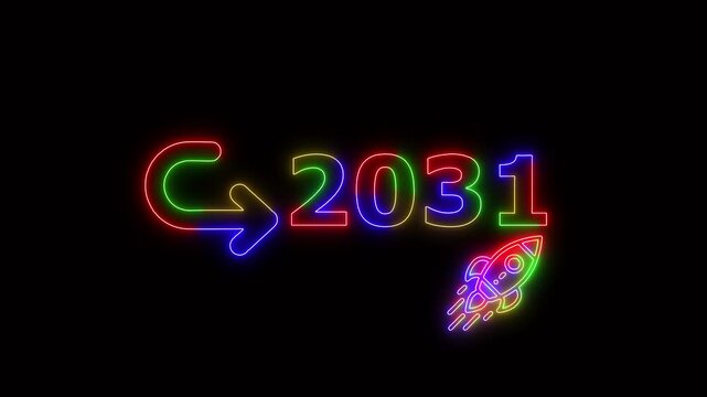 Neon glowing rocket launch with 2031 target goal symbol, futuristic business growth concept animation for Stuart success and achievement presentation