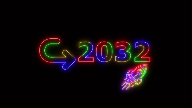 Neon glowing rocket launch with 2032 target goal symbol, futuristic business growth concept animation for Stuart success and achievement presentation