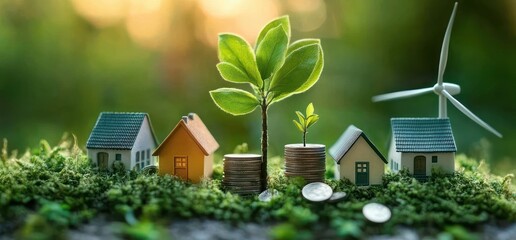 Miniature houses with stacks of coins and growing green plants surrounded by moss and a wind turbine under warm sunlight symbolizing sustainable living and green investment