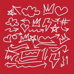 Collection of hand drawn white doodle icons on red background