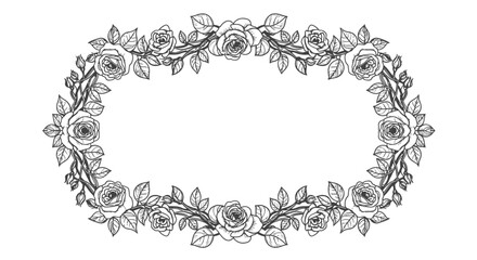 Oval Floral Frame of Delicate Rose Wreaths Line Art on Isolated White Background