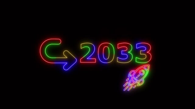 Neon glowing rocket launch with 2033 target goal symbol, futuristic business growth concept animation for Stuart success and achievement presentation