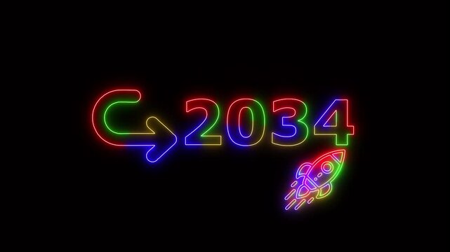 Neon glowing rocket launch with 2034 target goal symbol, futuristic business growth concept animation for Stuart success and achievement presentation